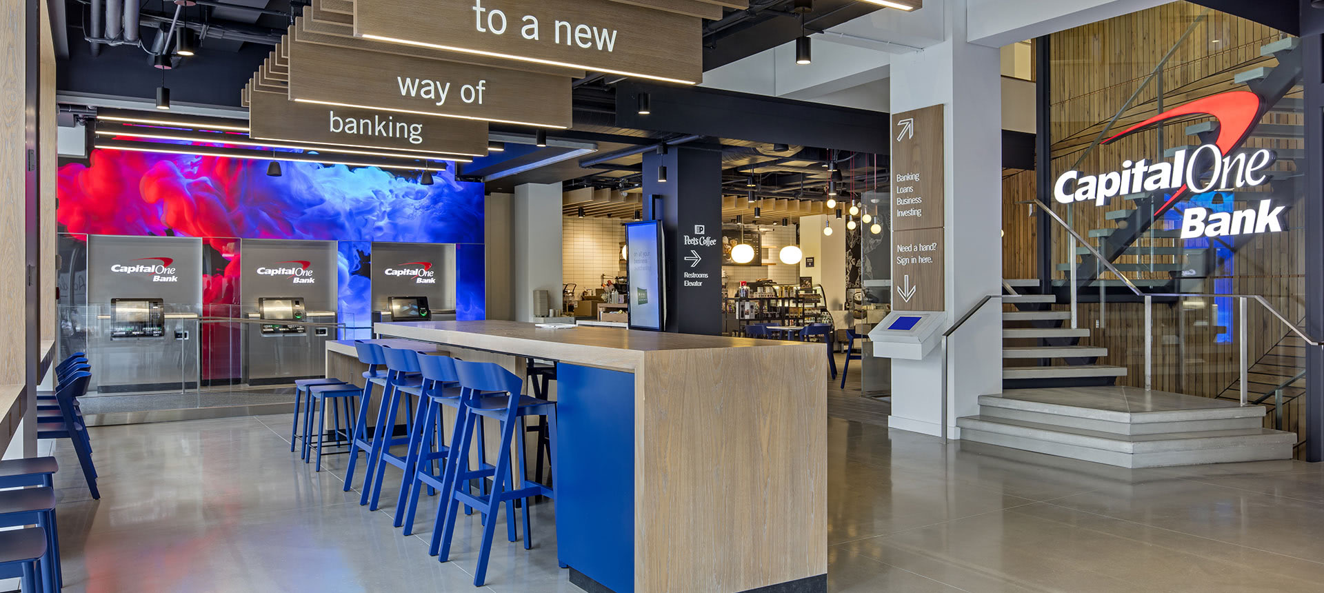 Capital One café branch with digital displays